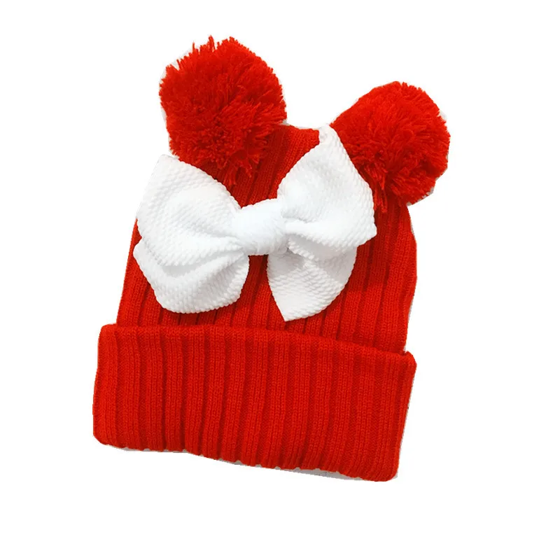Зимние Детские шапочки с бантом, теплые вязаные шерстяные шапки для новорожденных, уши Минни Маус, шапочка для девочек, шапочка, шапка, рождественские шапки
