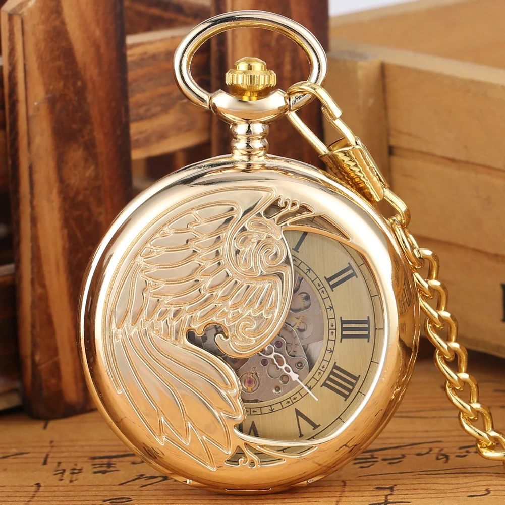 

Automatic Mechanical Pocket Watch Golden Roman Self Winding Numerals Skeleton Elegant Phoenix Luxury Steampunk Men Women Chain