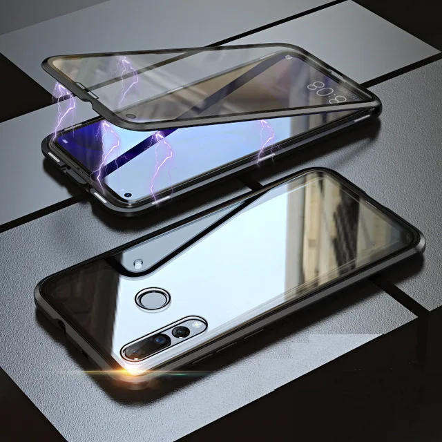 Черный Full Magnetic Cover Case For Huawei P Smart Z Case 360 double side Glass Cover for y9 Magnet Metal For Y9 Prime case - Цвет: Черный