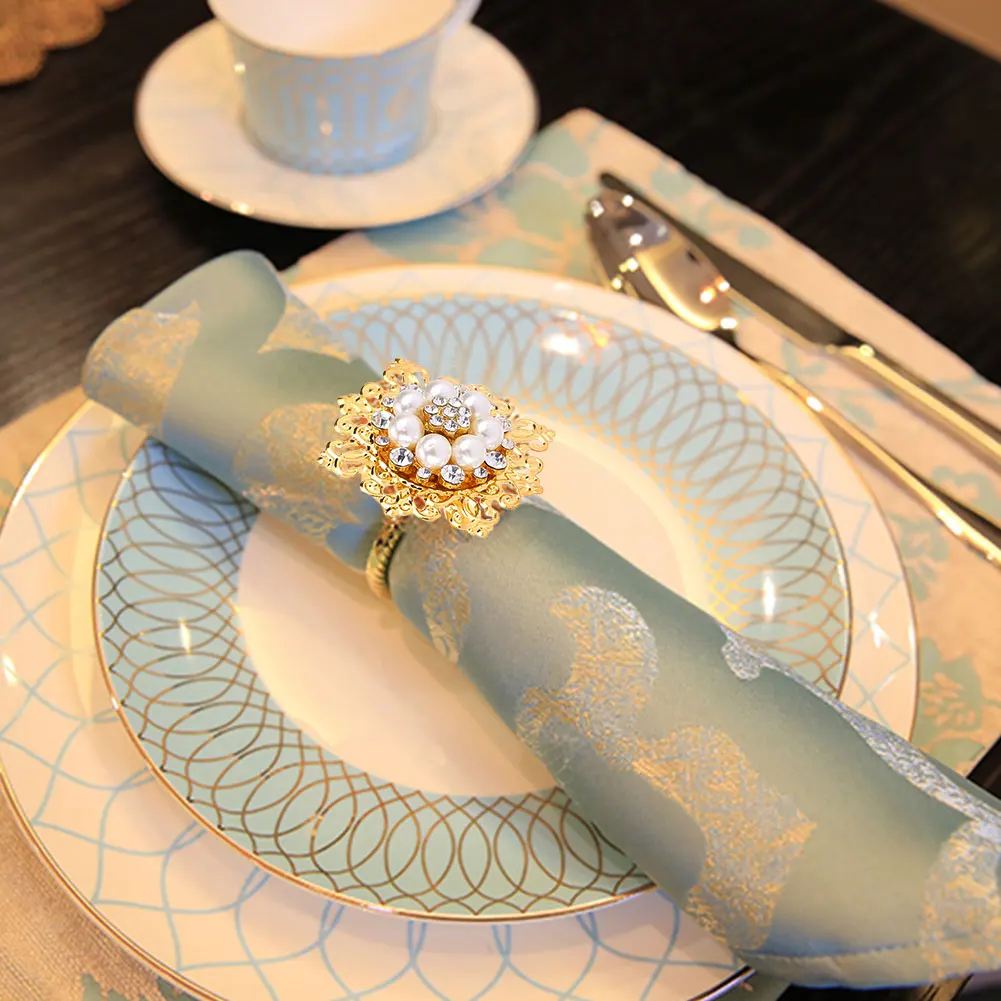 

6PCS/Set Napkin Ring Pearl Rhinestone Buckle Festival Decors Gold/Silver