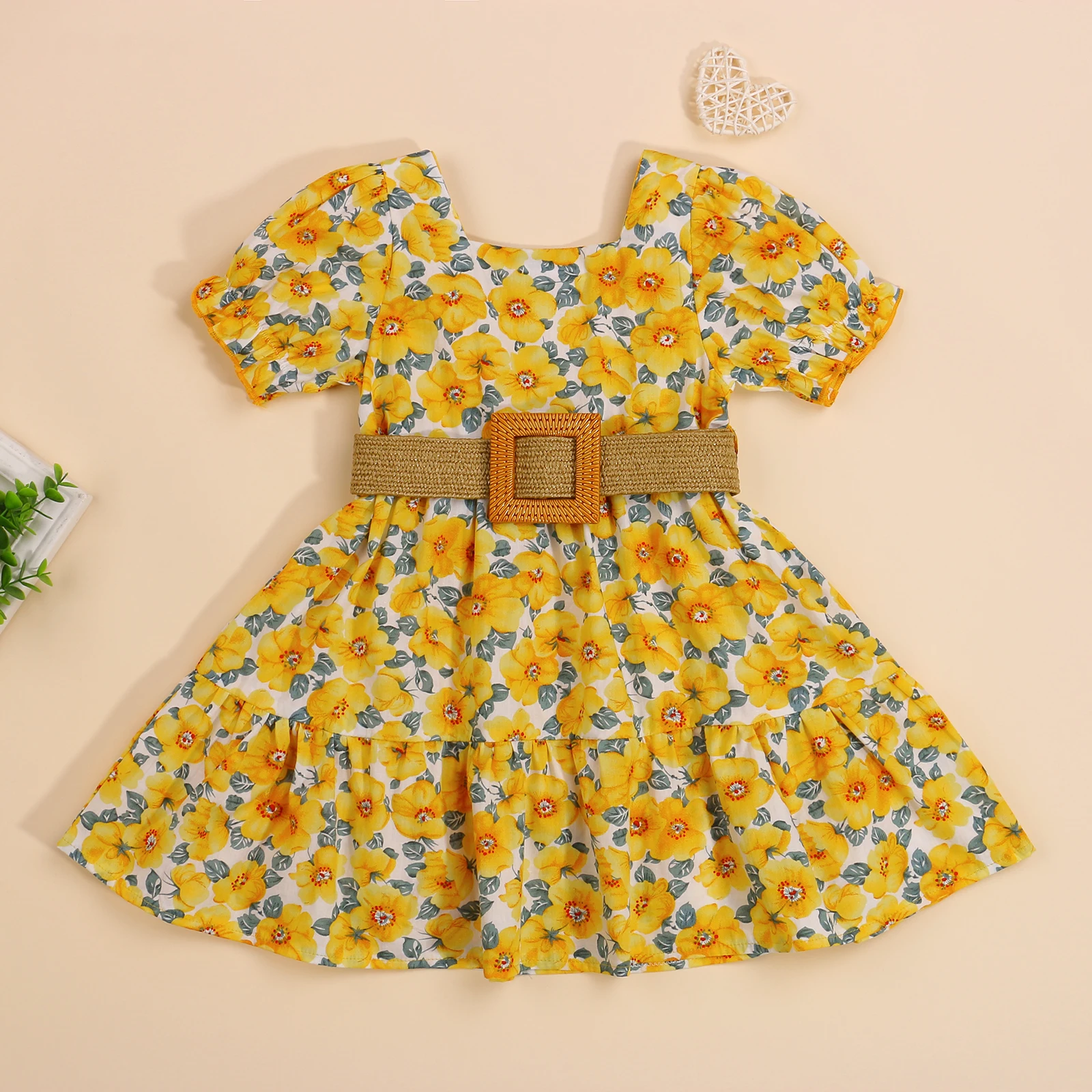 FOCUSNORM Summer Princess Toddler Girls Dress With Belt 1-6Y Flowers Printed Ruffles Sleeve Knee Length A-Line Dress