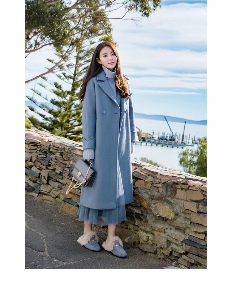 Женское XS-2XL шерстяное пальто, двубортная куртка размера плюс, длинное шерстяное пальто из смешанной ткани, модная женская одежда, розовые, синие пальто Kpop