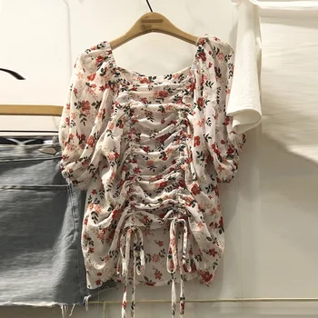 

Korean-style Fashion Women Tops 2020 Summer New Drawstring Ladies Blouses and Tops Print Short-sleeved Women Clothing