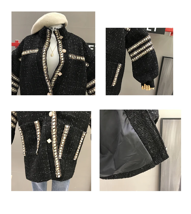 Small Fragrance Woman's Black Tweed Jacket Stand Collar Autumn Female Medium Long Loose Wool Jacket Outwear