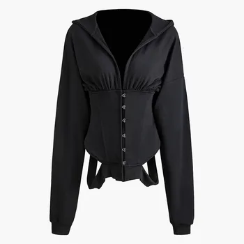 

[] Loose Fit Black Button Split Asymmetrical Jacket New Hooded Long Sleeve Women Coat Fashion Tide Spring 2020 1N050