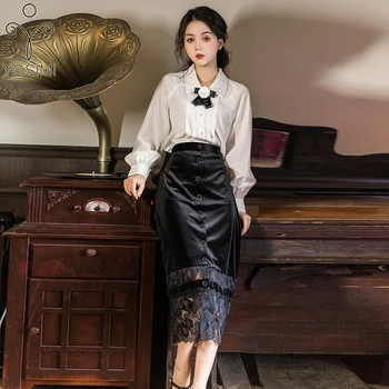 

YOSIMI Women Skirt and Top Set Full Sleeve White Shirt Blouse and Black Mid-calf Empire Velvet Lace Skirt Women 2 Piece Outfits