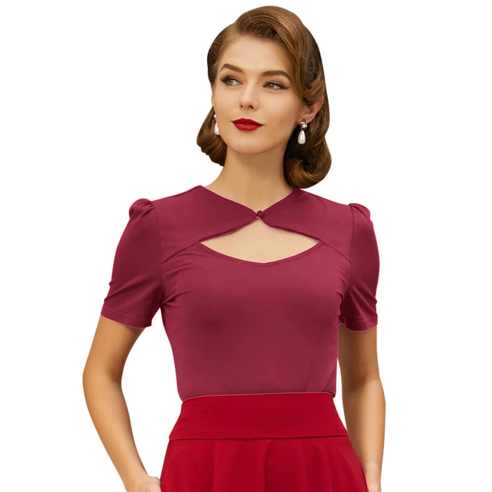 

Vintage Retro Sexy Women's Tee Shirt Short Sleeve Hollowed Front Cotton Tops Comfortable Solid Lady Slim T-shirt Clothing Female