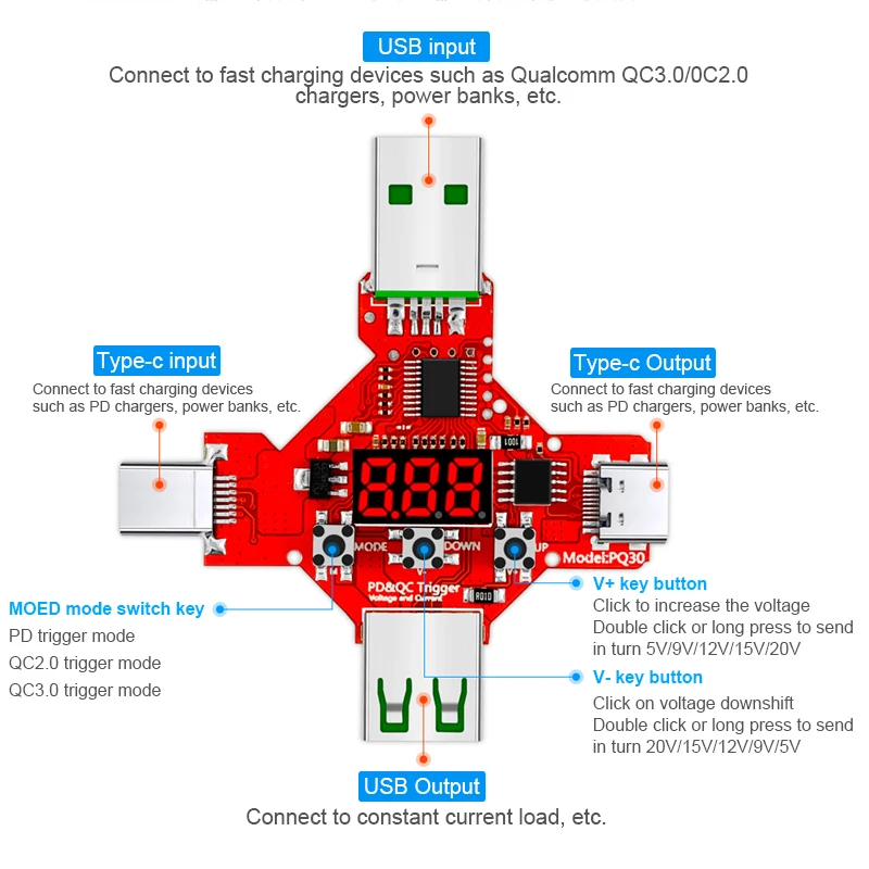 sound measurement device USB 3.1 Type-C USB tester DC Digital voltmeter voltage current meter + 2 IN 1 PD2.0 3.0 QC2.0 3.0 fast Charge trigger 5V9V12V20V stainless steel tape measure Measurement & Analysis Tools