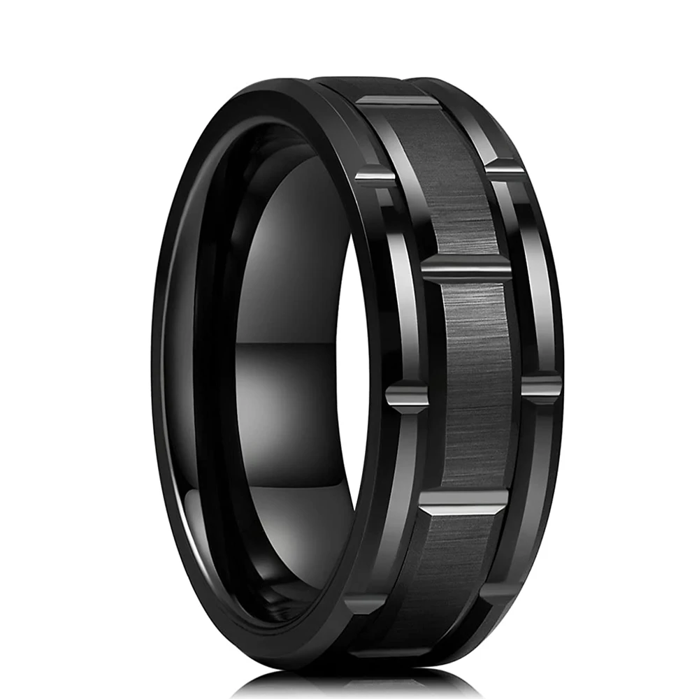 Fashion Men's 8mm Gold Color Groove Beveled Edge Tungsten Wedding Carbon Fiber Ring Punk Gear Wheel Stainless Steel Ring For Men