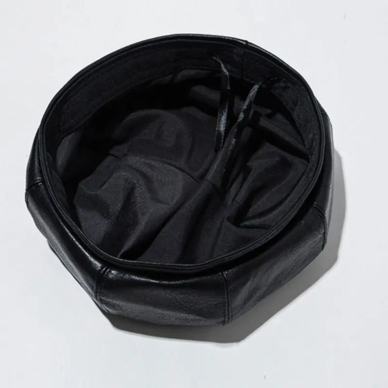 Japanese Women Girls Winter Faux Leather Beret Cap Brimless Adjustable Solid Color Classic Student Painter Octagonal Pumpkin