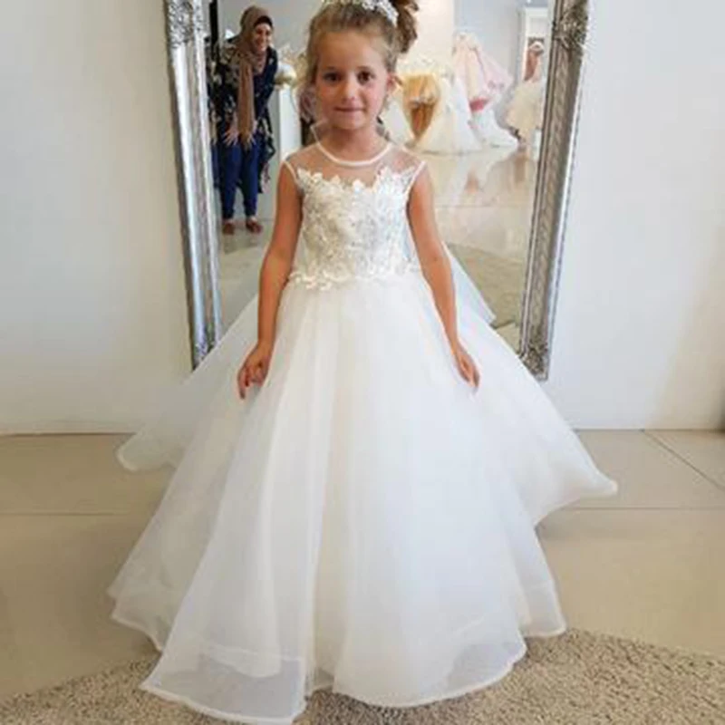 Бальное платье с круглым вырезом, без рукавов, с аппликацией для девочек в цветочек платья с Бисер детское платье для девочек для конкурсов