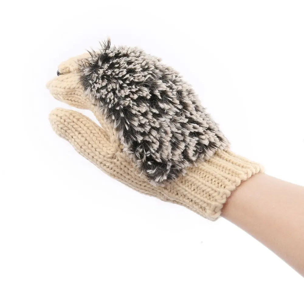 Women Winter New Gloves Without Fingers Knitting Wool Cute Warm Mittens Fingerless Cartoon Hedgehog Warm Gloves