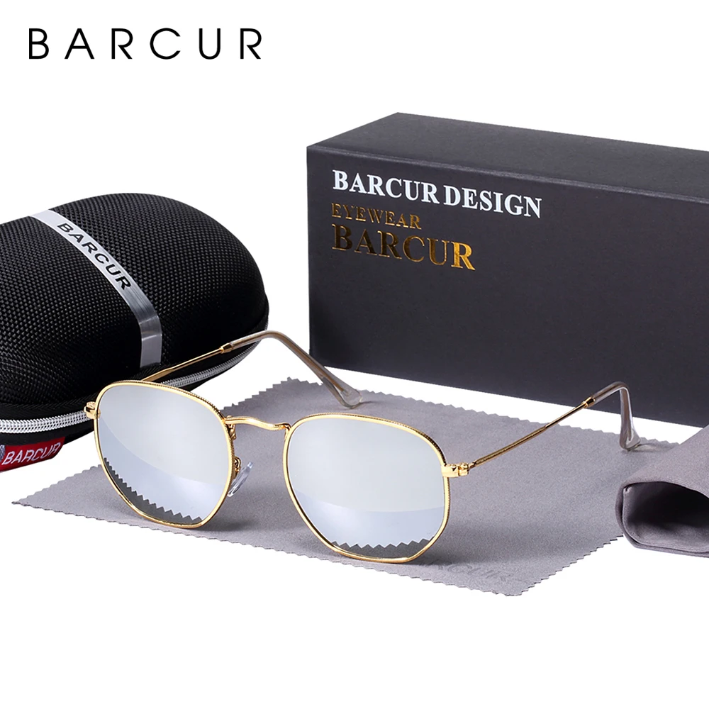 BARCUR UV400, стеклянные линзы, солнцезащитные очки для мужчин, Ретро стиль, металлические шестиугольные Круглые Солнцезащитные очки для женщин, винтажные очки для глаз, es Oculos De Sol