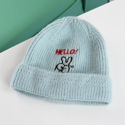 light blue Зимняя теплая шапка для детей, шапочка с надписью «hello», вязаные шапочки, шикарные шляпы для девочек, милая трикотажная Лыжная шапочка для мальчиков 1-5 лет - Цвет: light blue