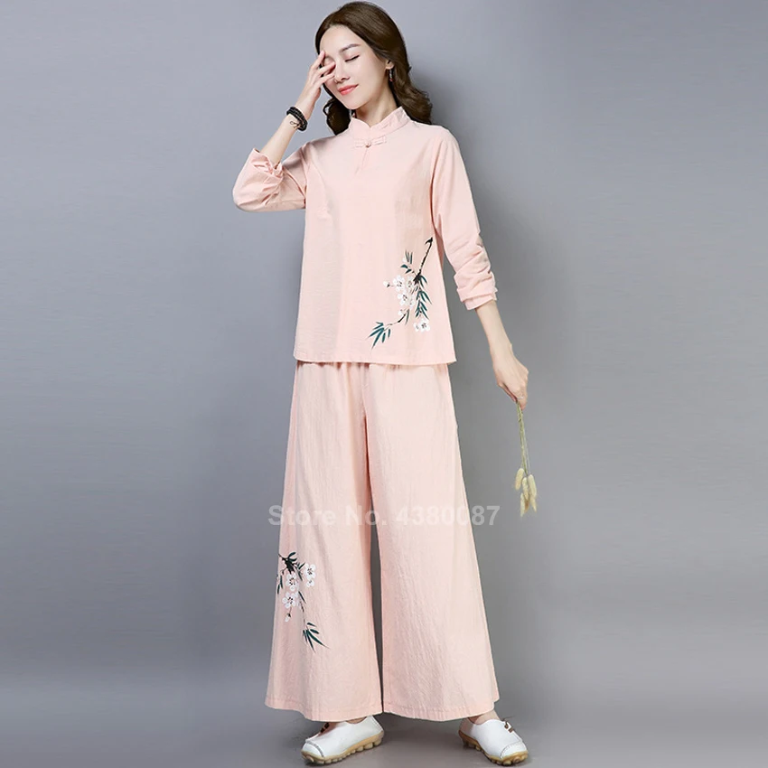 Женский костюм в китайском народном стиле, комплект из двух предметов с цветочным принтом, элегантные однотонные Свободные повседневные штаны с эластичной резинкой на талии и широкими штанинами