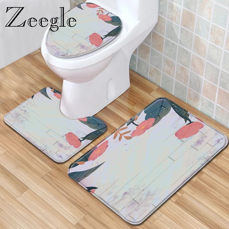 Zeegle Modern 3pcs Bathroom Mat Set Absorbent Bathroom Shower Mat Toilet Pedestal Rug Washable Bathroom Foot Mat Bath Mat Set