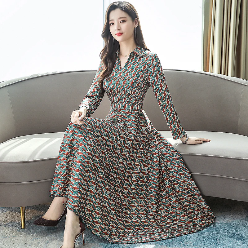 

2019 Autumn New Arrival Plus Size High Quality Elegant Flower Printed Woman Chiffon Long Dress
