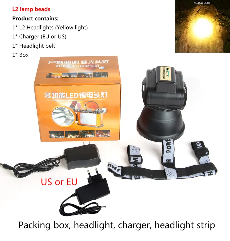 BR-P50 Yellow light Светодиодный головной фонарь Cree Xhp70.2 или L2 свет 50 Вт чип 6000 люмен Прямая зарядка наружный водонепроницаемый Головной фонарь повышенной яркости - Испускаемый цвет: BR-P50 Yellow light