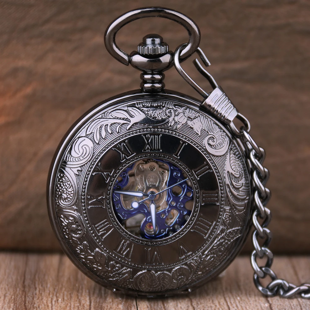 Retro-Black-Flower-Hollow-Mechanical-Pocket-Watch-For-Mens-Steel-Steampunk-Unique-Womens-Mens-FOB-Chain