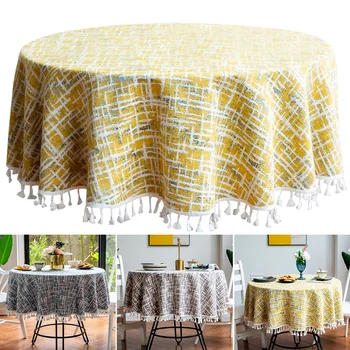 

Elegant Washable Dining Room Table Decor With Tassel Cotton Linen Wrinkle-proof For Kitchen Party Round Tablecloth Hotel