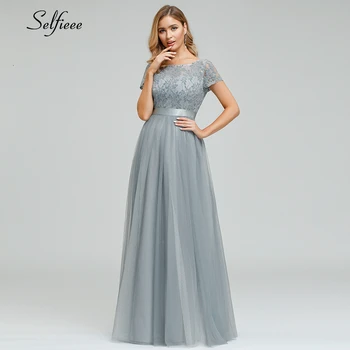 

Elegant Grey Maix Dress Women A-Line O-Neck Short Sleeve Lace Formal Dress Sexy Ladies Long Party Dress Vestidos De Festa 2020