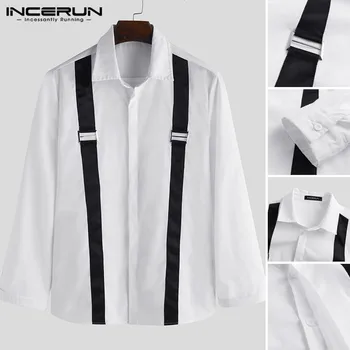 

INCERUN Mens Lapel Patchwork Shirt Men Long Sleeve Elegant Black Shirts Male Brand Business Personality Slim Blouse Camisa 5XL