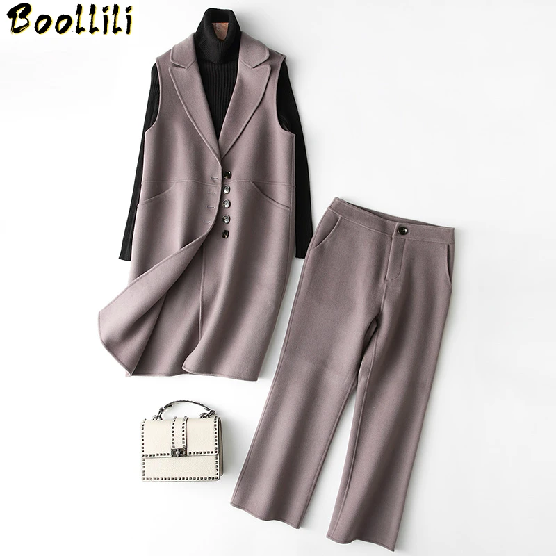 

Boollili 2 Piece Set Women Long Wool Vest Top Ankle-Length Pants Women's Suit Spring Autumn Coat Outfits conjunto feminino
