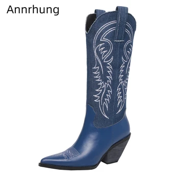 

Denim Blue Embroidery Knee High Boots Women Med Block Heel Pointed Toe Genuine Leather Patchwork Runway Botas Mujer