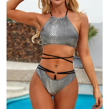 

Shiny Cropped Top Bikinis Set High Waisted Swimming Suit Push Up Swimwear Women Two Piece Fashion Beach Bathing Suit Female
