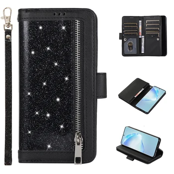

For Samsung S20 Ultra S10 Plus S10e S9 S8 Magnetic Wallet Case For Samsung Note 10 9 Zipper Glitter Flip Cover Leatern Card Case