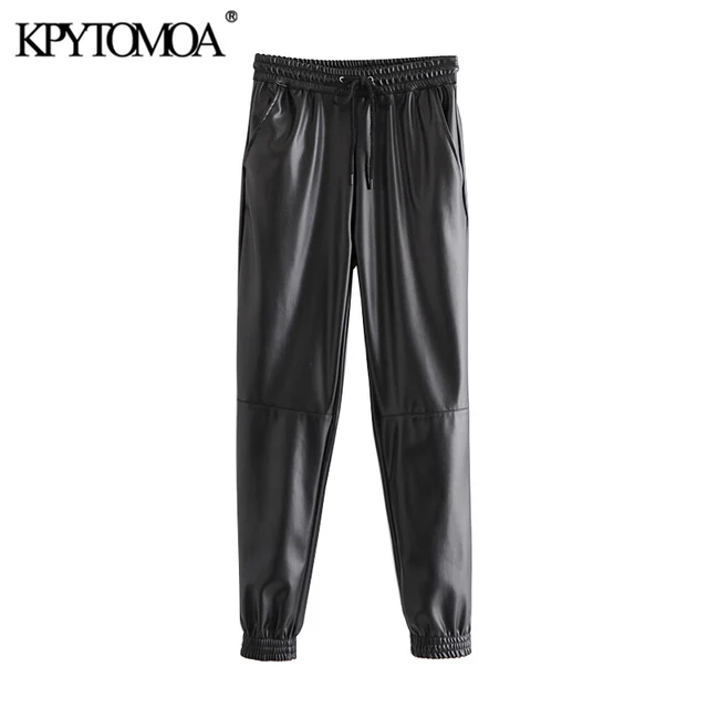 KPYTOMOA Women Fashion Side Pockets Faux Leather Jogging Pants Vintage High Elastic Waist Drawstring Female Ankle Trousers Mujer 5