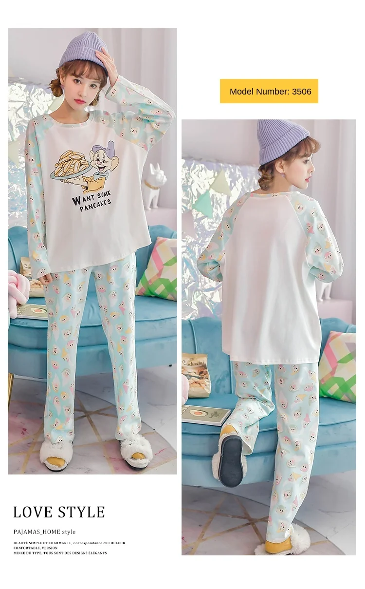Disney Cartoon Snow White Dwarf Long Pajamas Set Lady Autumn Winter Cotton Long Sleeve Trousers Suit Printing Kawaii Pyjamas Set