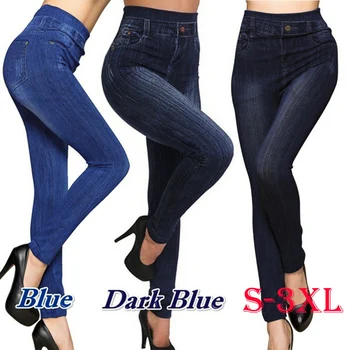 

S-3XL Women New Classic High Waist Slim Leggings Imitation Jeans Seamless Pencil Pants 649C