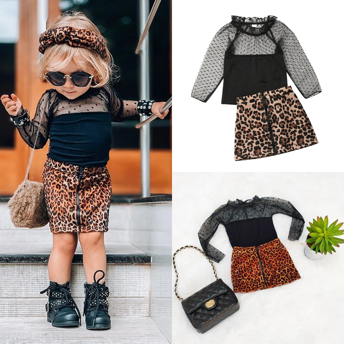 Новые летние комплекты одежды для маленьких девочек, черные топы с открытыми плечами+ леопардовая короткая юбка-футляр комплект одежды для маленьких девочек