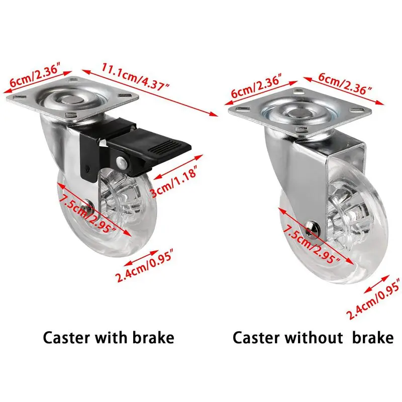 4 x сверхпрочные 75 мм поворотные ролики колесики мебельные колесики на колесиках с тормозом-грузоподъемность 100 кг на колесо(комплект из 2 x поворотных колес