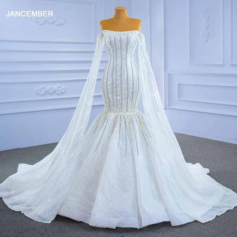 RSM67278 White Luxury Tube Top Beaded Wedding Dress New Bay Sleeve Fishtail Banquet Suknia Slubna ​striped Pattern Frill Gown 1