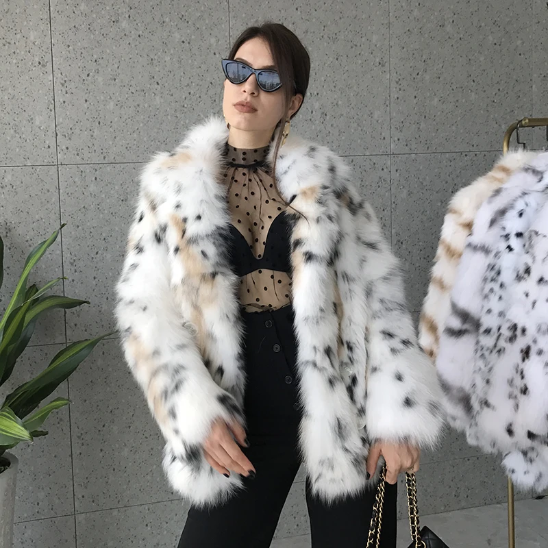 EIFURKOP Sexy Fashion Leopard Pattern Real Fox Fur Coat with big Collar Women Natural Fox Fur Jacket Long Sleeves WarmFur Coats