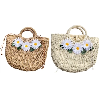 

Handwoven Rattan Top-Handle Bag for Women Bohemian Straw Tote Bag Beach Carrying Handbag