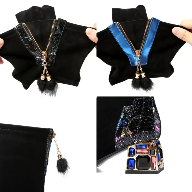 [DEAT] Square Toe Back Zipper Flock Black Crystal Mixed Colors Velvet Women Long Boots New Autumn Winter Fashion 10E664