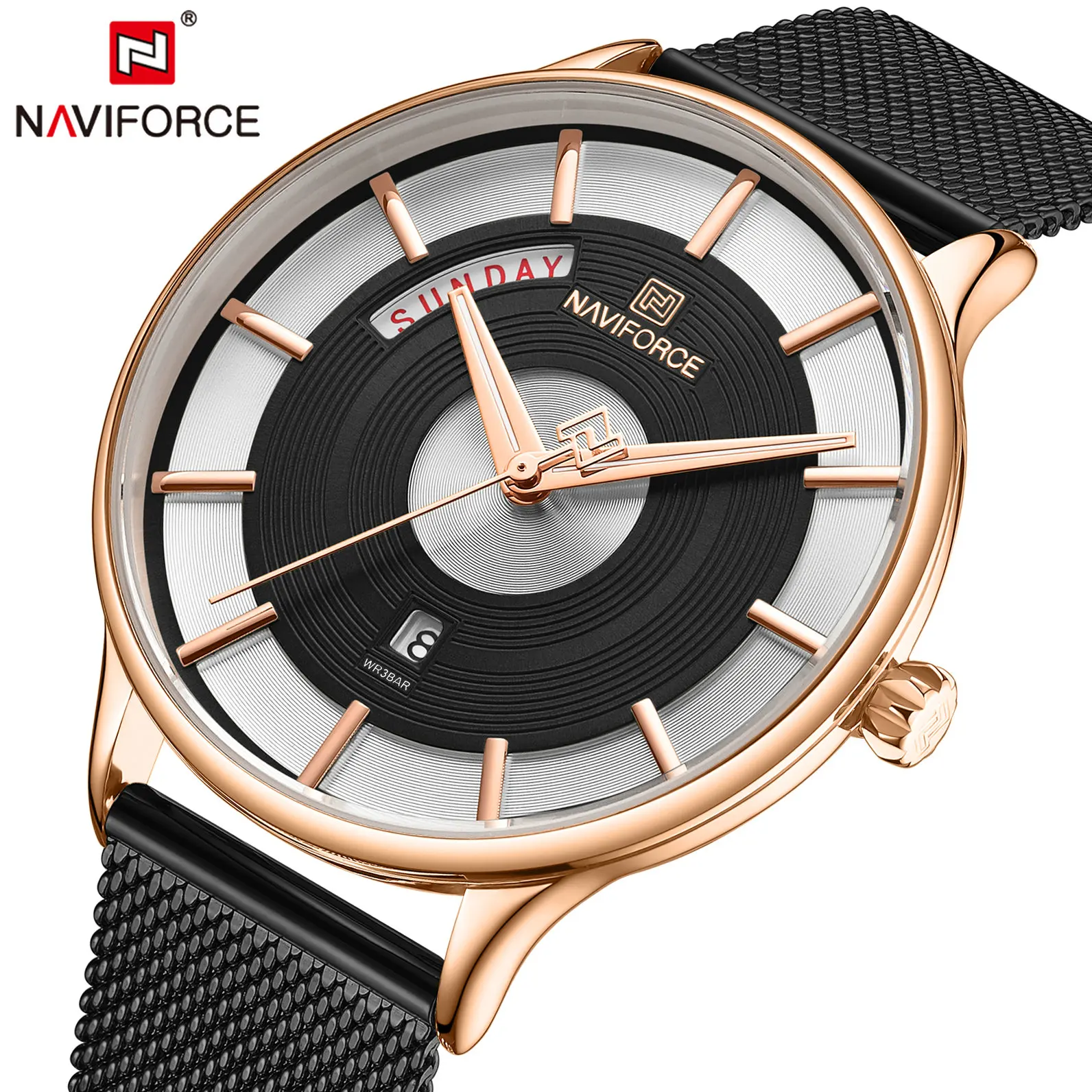 NAVIFORCE, простые кварцевые часы для мужчин, черный стальной сетчатый ремешок, календарь, модная одежда, мужские часы, Топ бренд, Роскошные наручные часы
