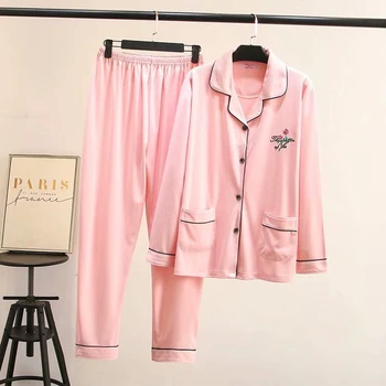 

Plus Size 2XL-5XL Women's Embroidery Nightwear Long Sleeved Top + Long Pants Casual Sets Pajamas