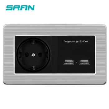 

SRAN Wall Socket EU Standard Power Outlet With Dual USB Smart Induction Charge Port For Mobile 5V 2.1A Stainless Steel Panel