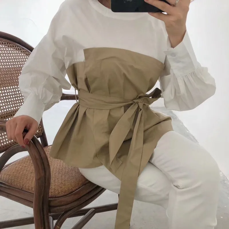 

GALCAUR Patchwork Tops Female High Waist Lace Up Lantern Long Sleeve Fake Two Piece Set Womens Shirt Blouse Korean Fashion