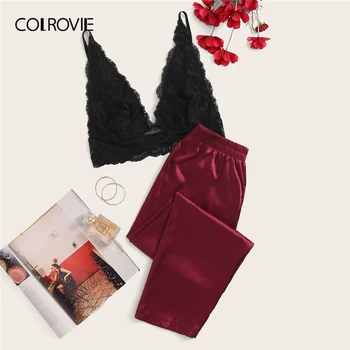 

COLROVIE Floral Lace Bralette With Satin Pants 2019 Summer Long Sets Solid Sexy Pajamas Women Sleepwear Ladies Pajama Set