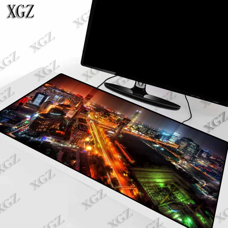 

XGZ Night Citys Skyline Landscape Large Gaming Mouse Pad PC Computer Gamer Mousepad Desk Mat Locking Edge for CS GO LOL Dota XXL