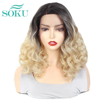 

SOKU Ombre Golden Synthetic Lace Frontal Wigs Short Bouncy Curly Wig Glueless Heat Resistant Fiber Wigs For Black Women