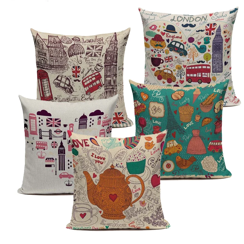

New British Style London and Frence Home Decorative Sofa Cushion Cover Throw Pillow Case Vintage Cotton Linen Square Cute