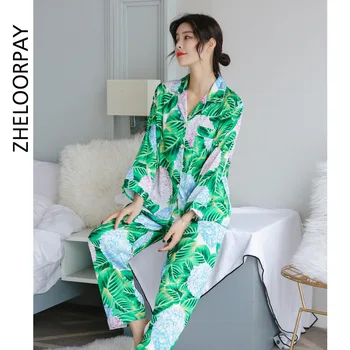 

Autumn New Printing Fashion Long Sleeve Women Pajama Set With Belt Ice Silk Soft Pajamas
