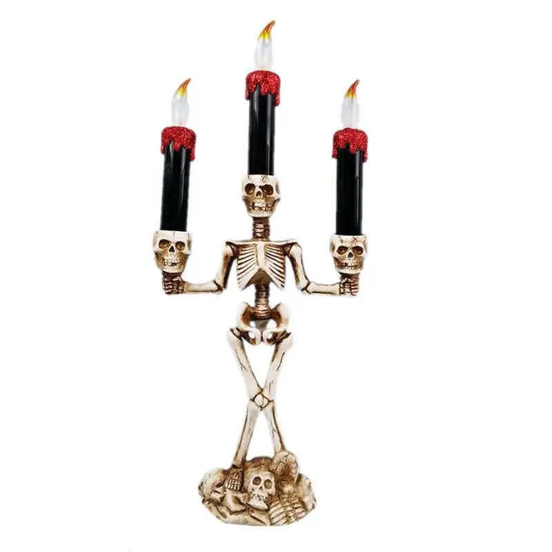 

Battery Operated 3-Tier Candelabra Led Window Candle Light Wax Dipped Flameless Skull Candlestick Halloween Party Decoration