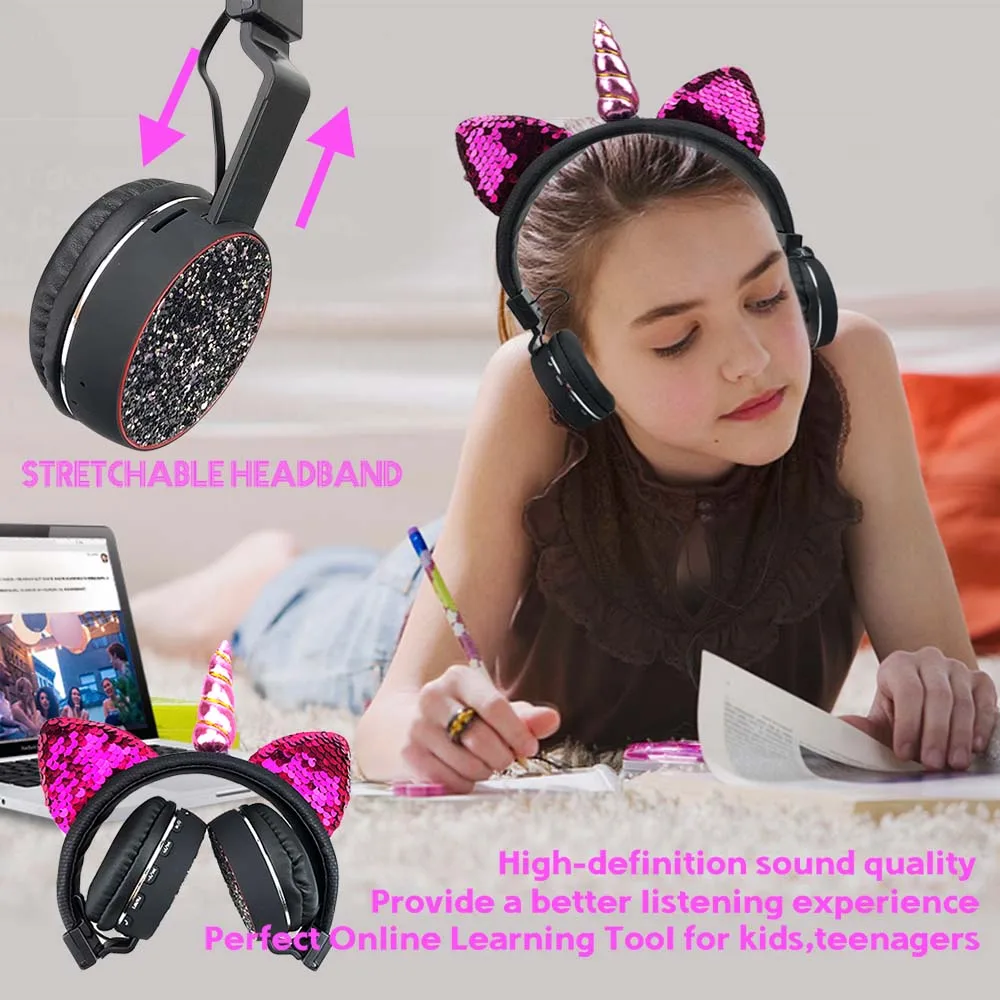 JINSETR Bluetooth Cat Ear Kids Headphone Foldable Stereo Unicorns Headphones Music Player Support Handsfree for Boys and Girls